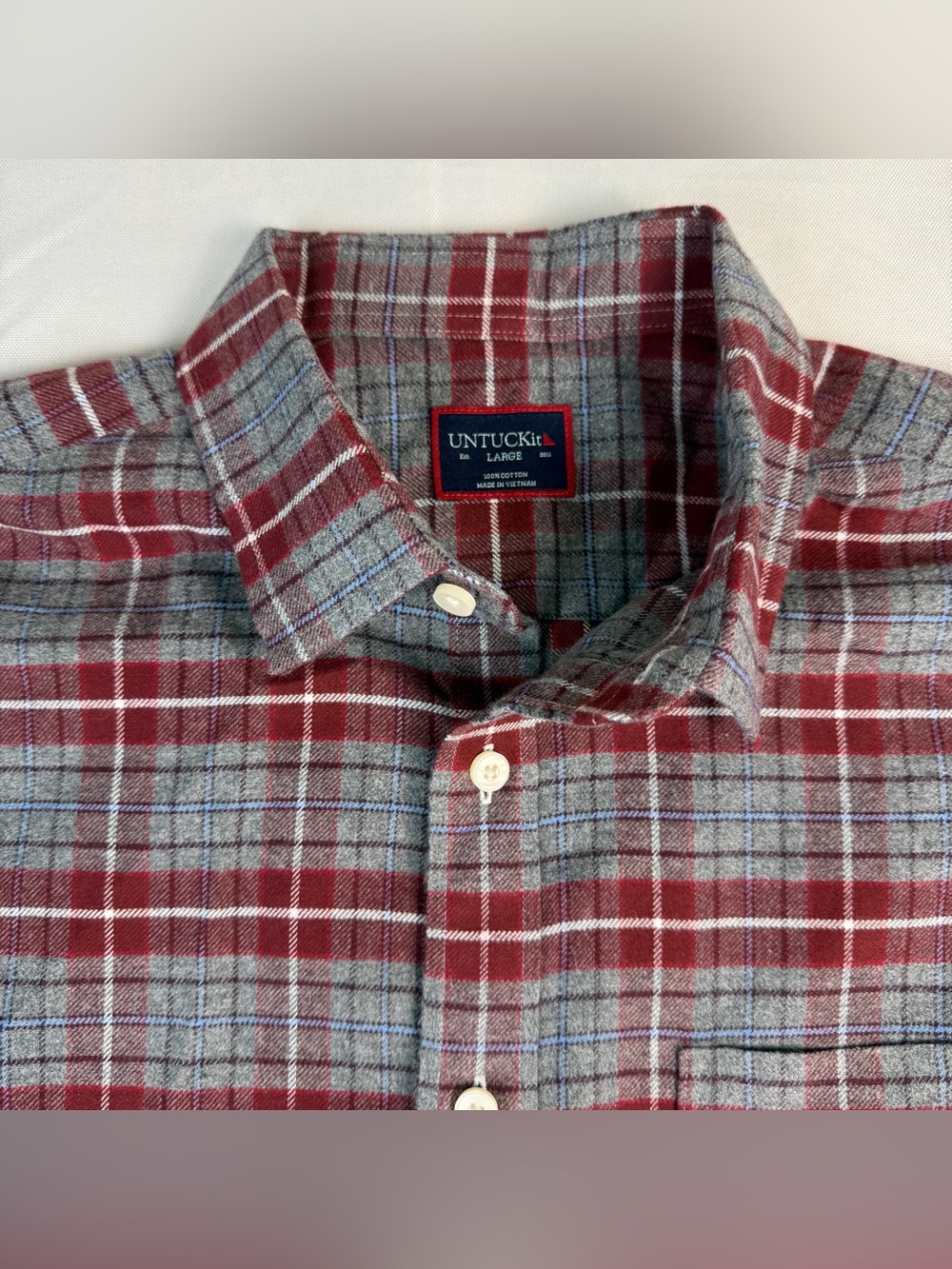 UNTUCKit Cabero Men’s Large Gray Burgundy Plaid Flannel Shirt Cotton